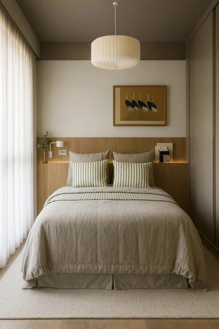 Quarto com decoração Feng Shui, paleta neutra, materiais naturais e iluminação suave num apartamento em Portugal