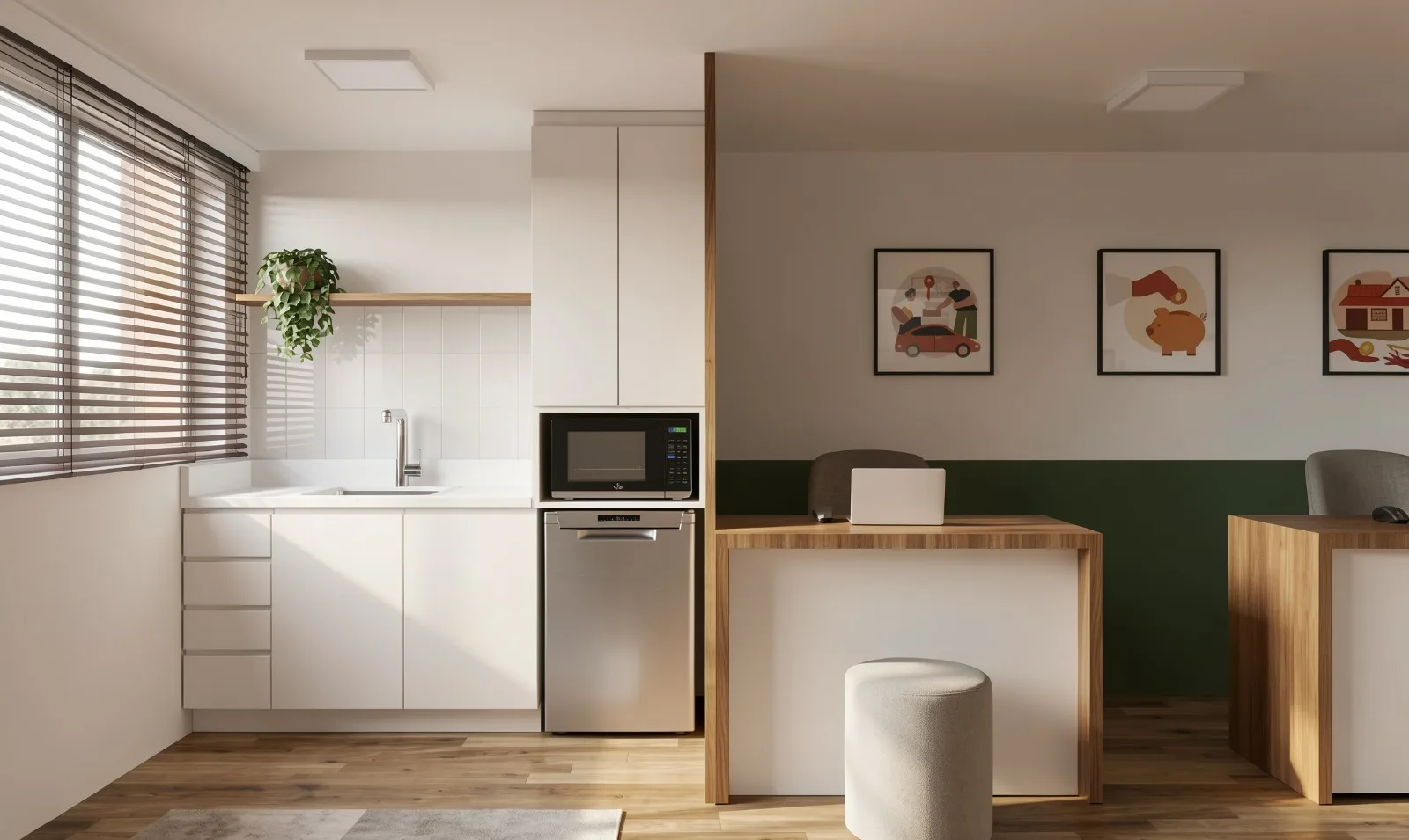 Espaço de trabalho em casa com kitchenette integrada, duas secretárias em madeira maciça, parede em ripado de madeira e verde profundo, projeto Être