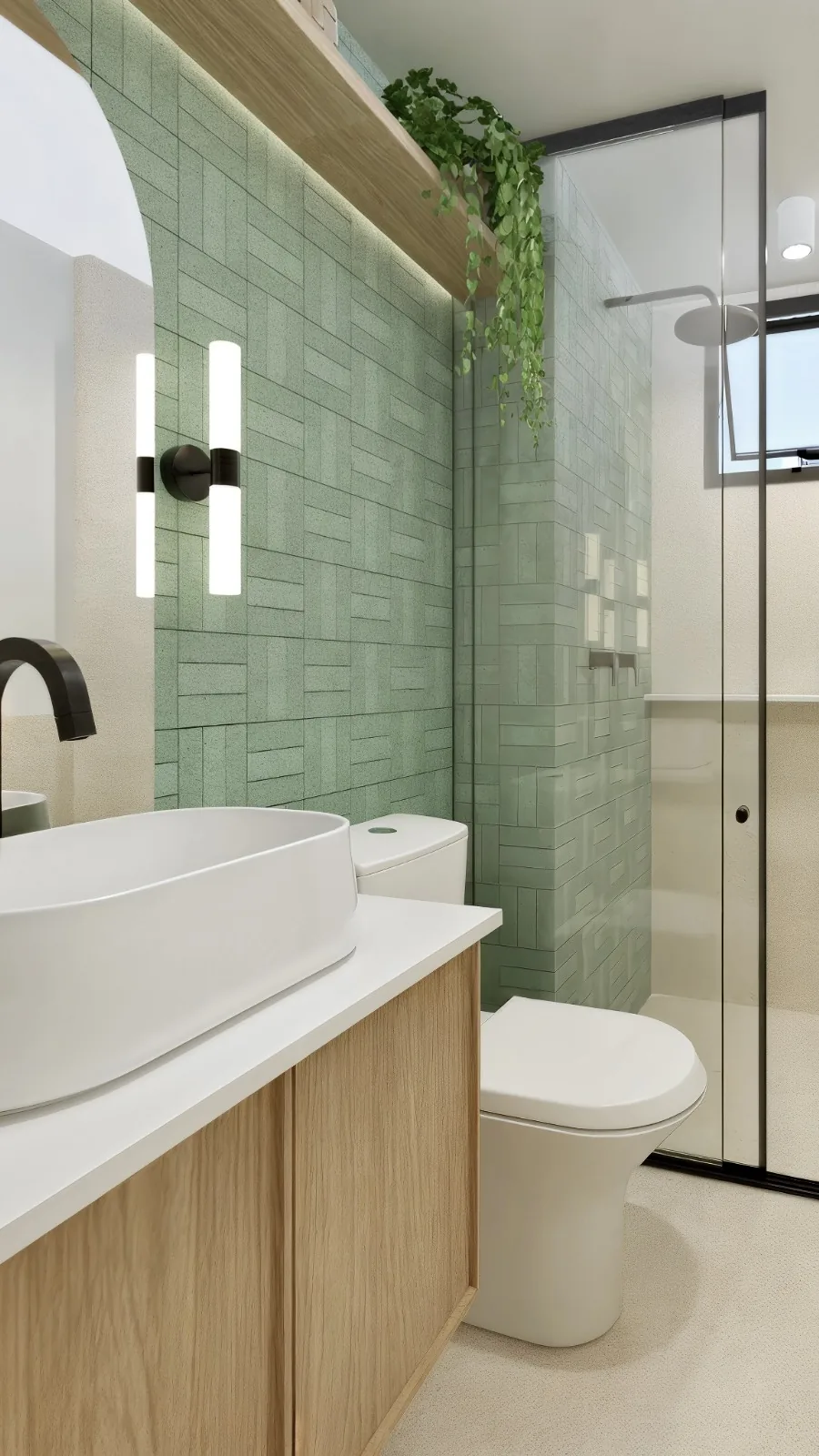 Casa de banho com azulejos verde floresta em apartamento dos anos 60 em Coimbra — Être Arquitetura