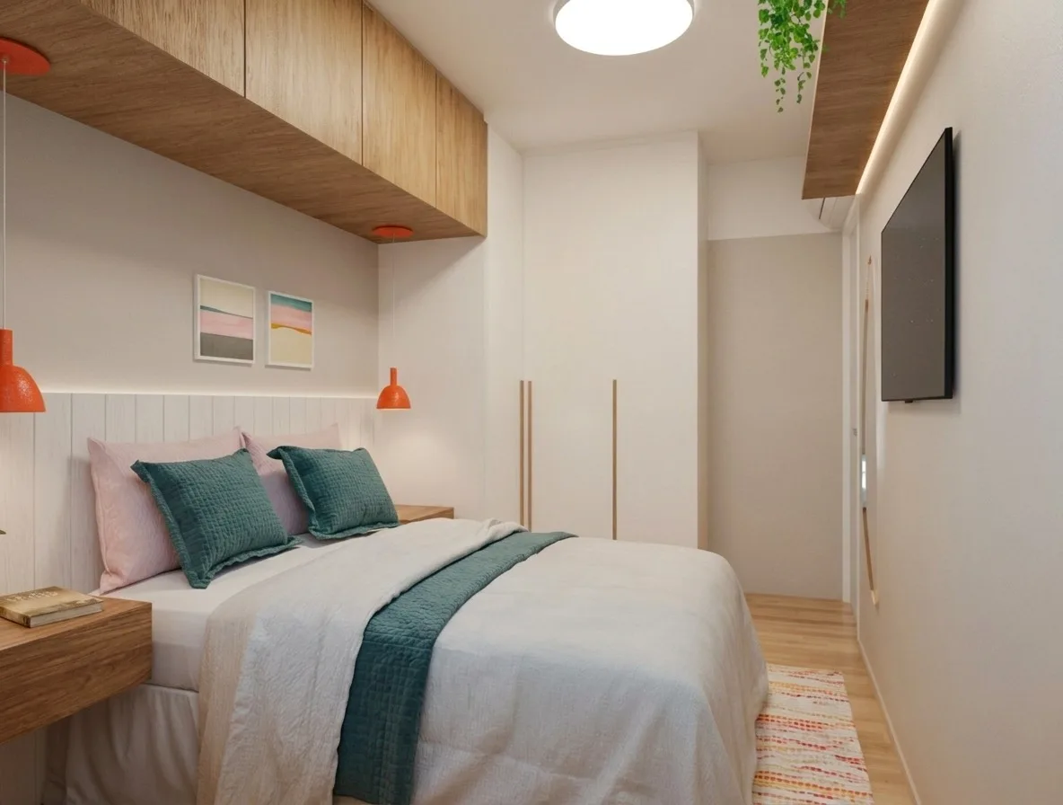 Quarto pequeno otimizado com armário superior em madeira sobre a cama, candeeiros suspensos laranja, têxteis verdes e rosa, TV na parede, projeto Être